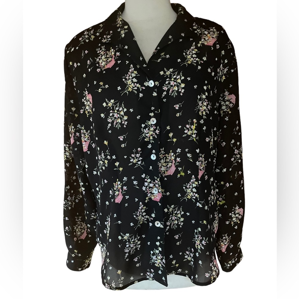 1980s‎ Impressions Floral Semi Sheer Button Down Blouse